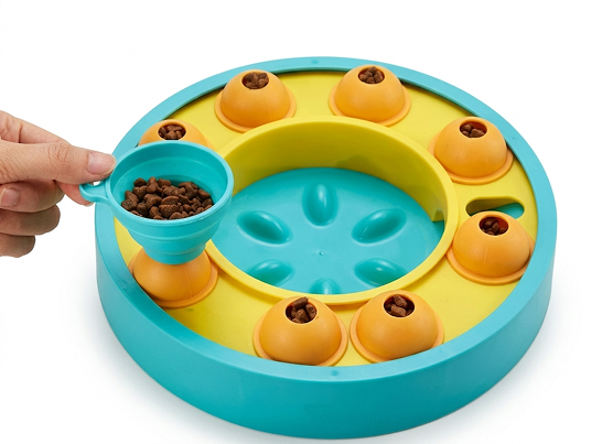 Pet puzzle toy with food dispensers on a white background