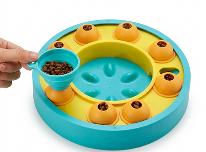 Pet puzzle toy with food dispensers on a white background