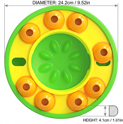 Circular dog puzzle feeder with green center and yellow outer rings, showing measurements on a white background.
