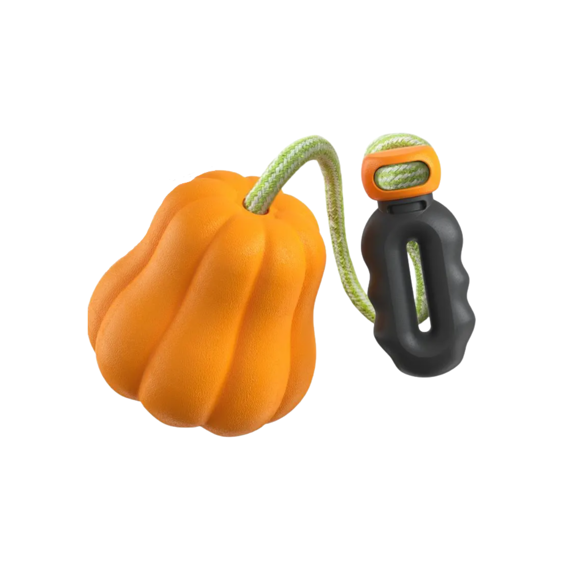Orange pumpkin-shaped dog toy with a black and orange handle on a white background