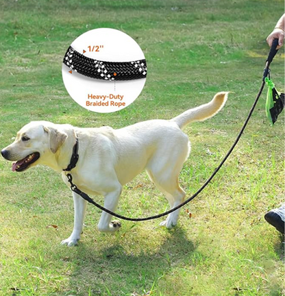 Dog on a leash with a close-up of the heavy-duty braided rope, outdoors.