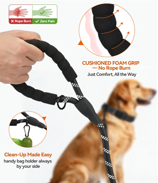 Dog leash with cushioned foam grip and cleaning bag holder, featuring a hand holding the leash and a dog wearing it.