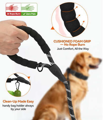 Dog leash with cushioned foam grip and cleaning bag holder, featuring a hand holding the leash and a dog wearing it.