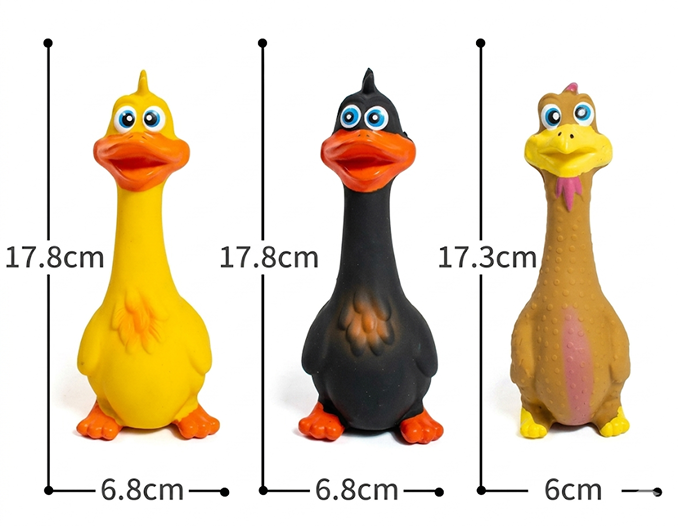 Three toy ducks with measurements on a white background
