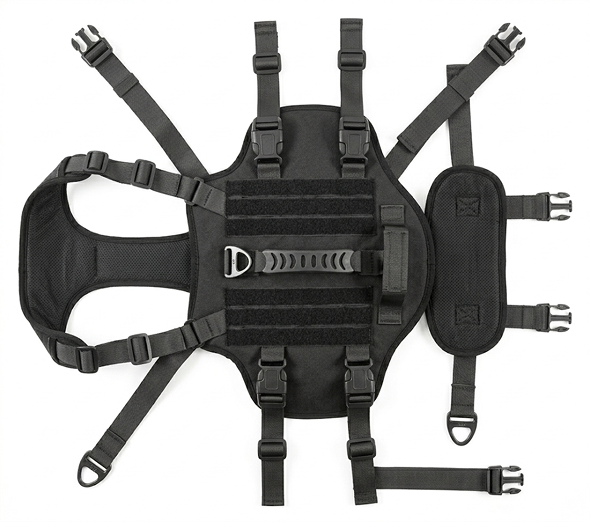 Black dog tactical vest with multiple straps on a white background