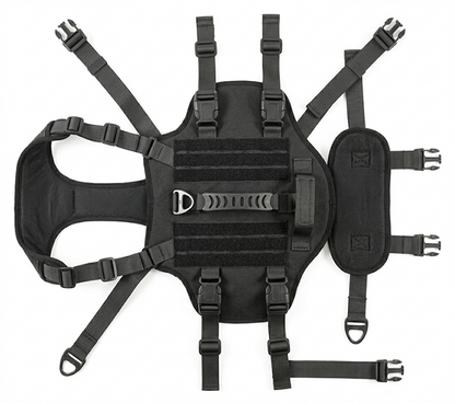 Black dog tactical vest with multiple straps on a white background