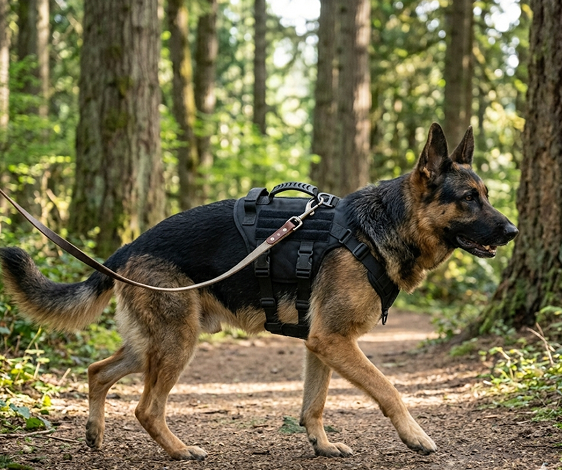 German Shepherd wearing a tactical vest in a forest setting