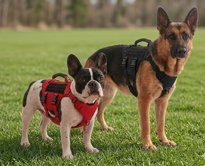 Two dogs wearing harnesses standing on grass