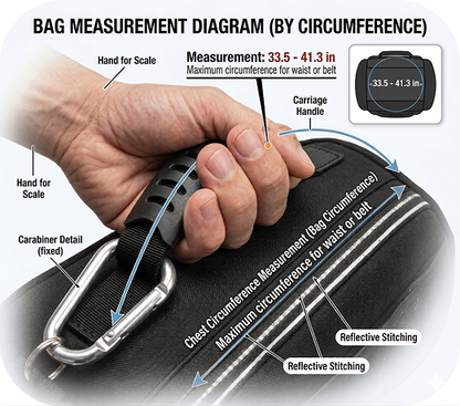 Measurement diagram of a dog harness with a hand holding it, showing circumference measurement details.