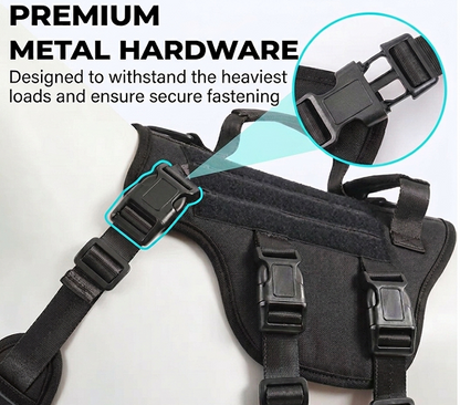 Black dog harness with premium metal hardware on a white background