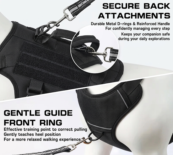 Dog harness with metal D-rings and reinforced handle on a mannequin, highlighting secure back attachments and gentle guide front ring.