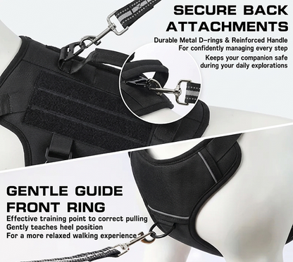 Dog harness with metal D-rings and reinforced handle on a mannequin, highlighting secure back attachments and gentle guide front ring.