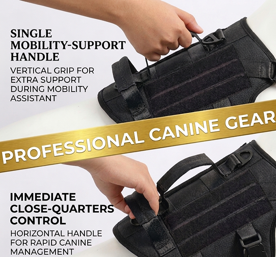Black canine gear with handles for mobility support and control, on a white background.
