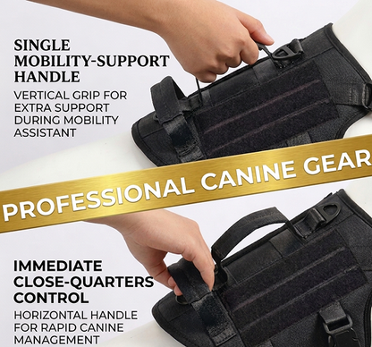 Black canine gear with handles for mobility support and control, on a white background.